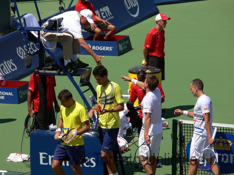 Shake hands with Umpire. Peya and Soares are winners. August 10, 2014 Rogers Cup Toronto