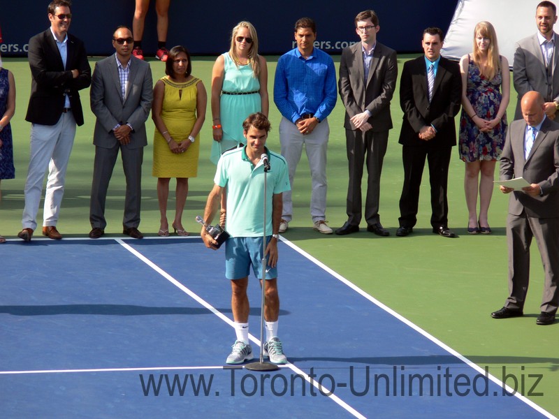 Championship runner-up Roger Federer giving a speech during closing ceremony August 10, 2014 Rogers Cup Toronto 