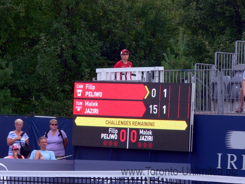 Filip Pelivo (CDN) and Malek Jazivi (Tunisia) and the Grandstand Court August 2, 2014 Rogers Cup 2014 qualifying match.