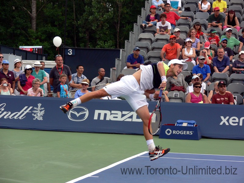 Filip Pelivo serving on the Grandstand Court August 2, 2014 Rogers Cup Toronto