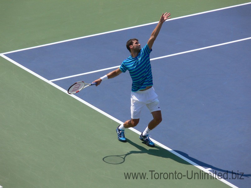 Grigor Dimitrov's back swing to hit his serve. Stadium Court August 9, 2014 Rogers Cup Toronto