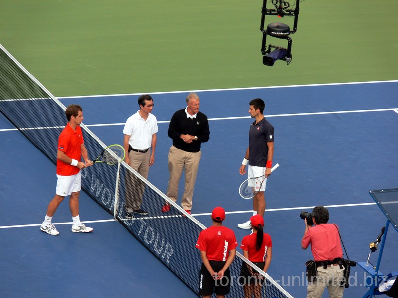 Gasquet and Djokovic are ready for coin toss up on Centre Court. August 12, 2012 Rogers Cup.