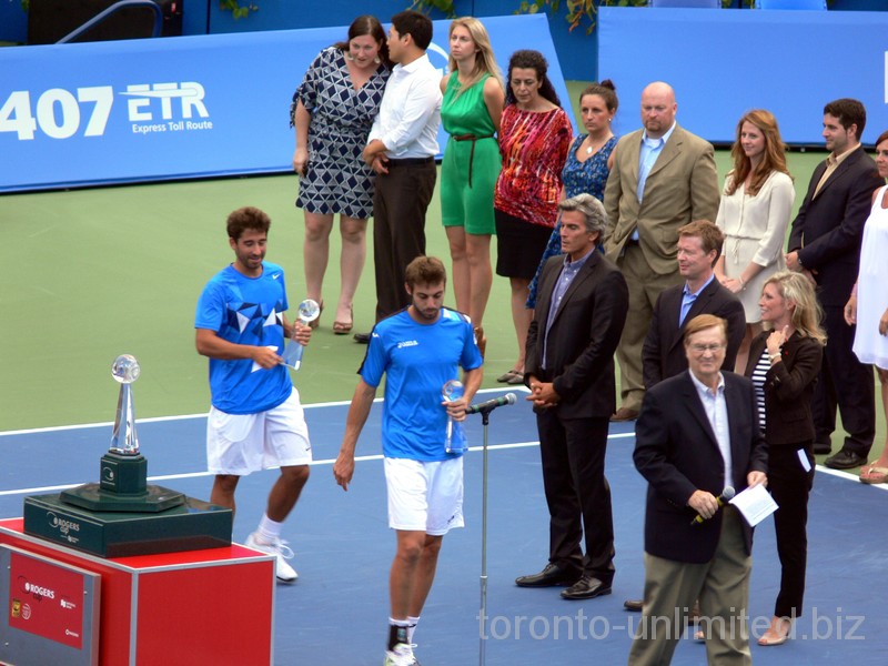 Runners up Marcell Granollers and Marc Lopez with runners up trophies. August 12, 2012 Rogers Cup.
