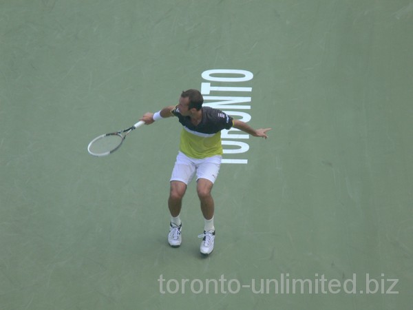 Radek Stepanek with backhand swing on Centre Court, August 7, 2012 Rogers Cup.