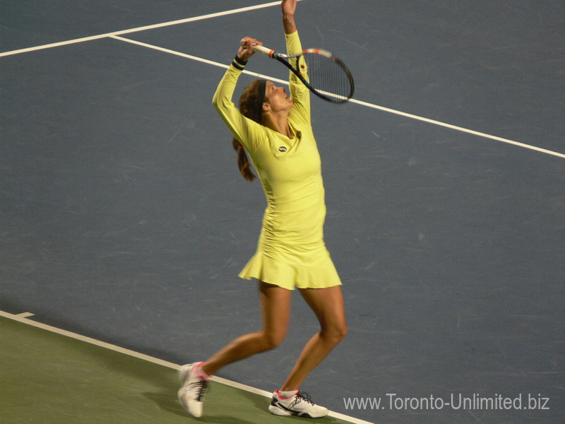 Julia Georges serving on Centre Court to Agnieszka Radwanska (POL) 12 August 2015 Rogers Cup Toronto