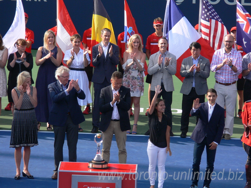 Representatives of volunteers Julia and David are being introduced during closing ceremony 31 July 2016 Rogers Cup Toronto.