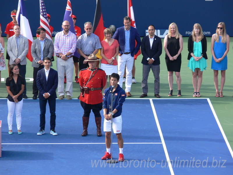 Kei Nishikori (JPN) holding his runnerup's trophy and giving a speech 31 July 2016 Rogers Cup