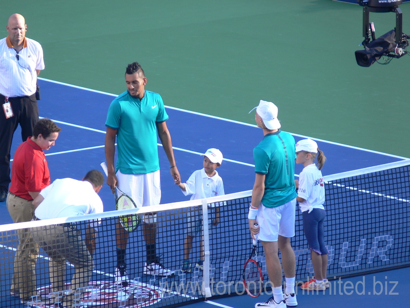 Nick Kyrgios (AUS) and (WC) Denis Shapovalov (CDN) with coin-toss on Centre Court 25 July 2016 Rogers Cup in Toronto