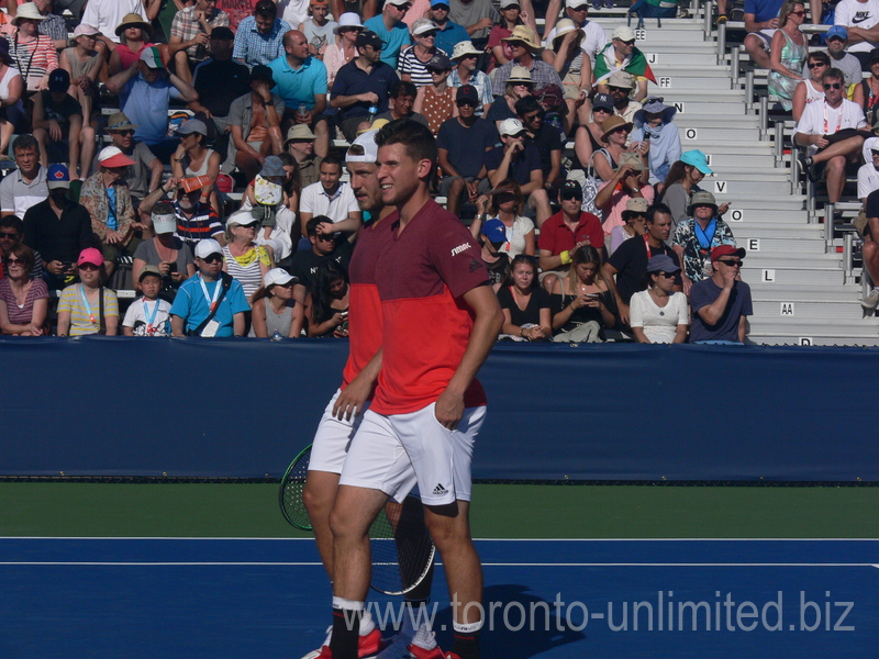 Lucas Poille (FRA) and Dominic Thiem (AUT) on Court 1 during doubles match with Grigor Dimitrov (BUL) and Stan Wawrinka (SUI) 25 July 2016 Rogers Cup Toronto