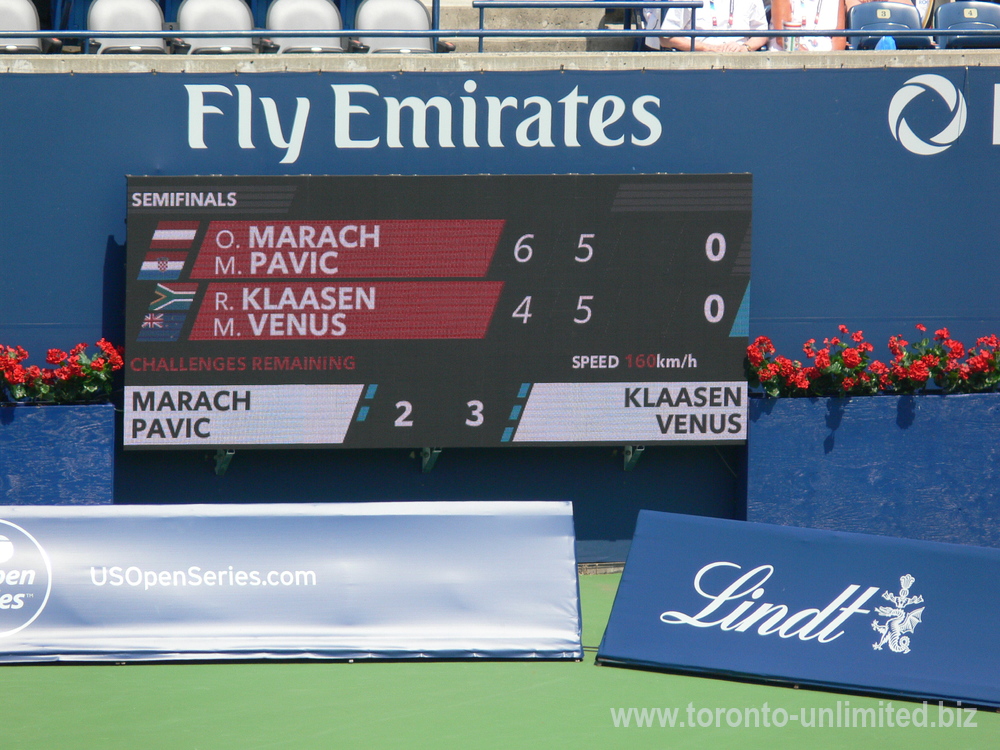 The Centre Court scoreboard showing Raven Klaasen with Michael Venus Vs. Oliver Marach (AUT) with Mate Pavic (CRO) August 11, 2018 Rogers Cup Toronto!