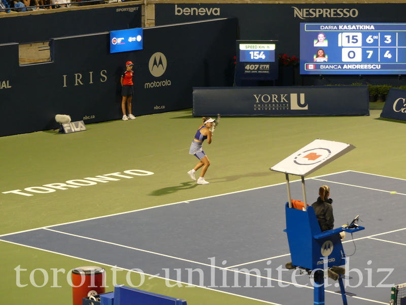 Bianca Andreescu is returning a backhand shot to Daria Kasatkina on Stadium Court Tuesday, August 9, 2022