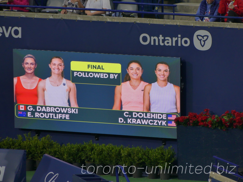 Scoreboard announcing [1] Gabriela Dabrowski (CDN), Erin Routliffe (NZL) Vs. [3] Caroline Dolehide (USA), Desirae Krawczyk (USA