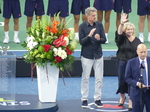 Tennis Canada Board member Sam Sebastian on the left and WTA Supervisor Donna Kelso with raised hand